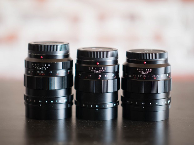 The Voigtlander 17.5mm, 25mm, and 42.5mm f/0.95 lenses.